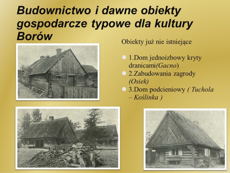 Na zdjęciu slajd z tekstem o budownictwie typowym dla Borów oraz zdjęcia przykładowych chat